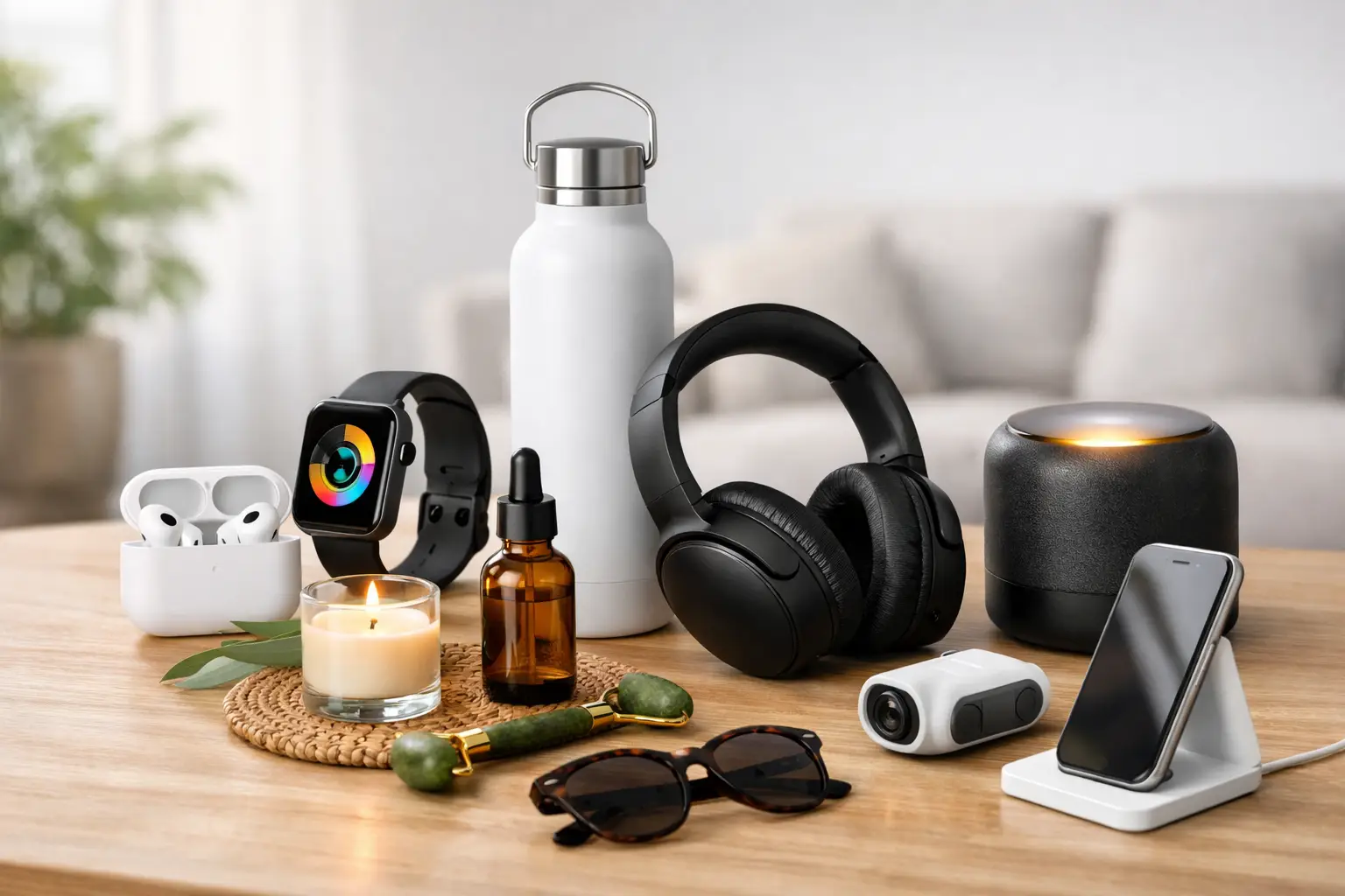 Collection of tech gadgets on a wooden table: headphones, smartwatch, AirPods case, smartphone on a stand, camera, speaker, and a candle in a glass holder.