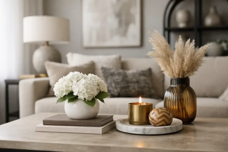 White hydrangea in a white vase sits on stacked books atop a marble coffee table, with a brass candle and amber vase of pampas grass nearby in a cozy living room.