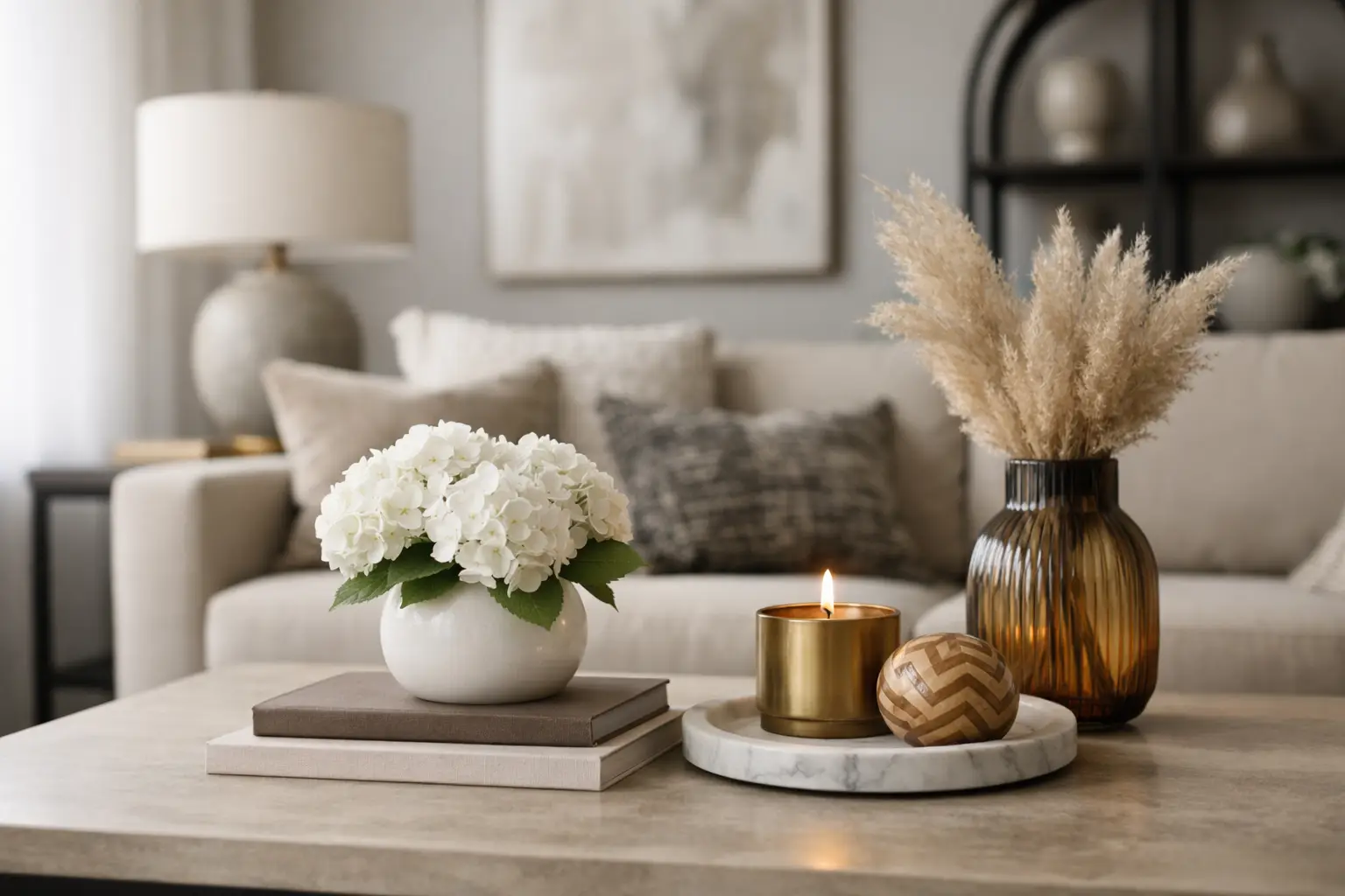 White hydrangea in a white vase sits on stacked books atop a marble coffee table, with a brass candle and amber vase of pampas grass nearby in a cozy living room.